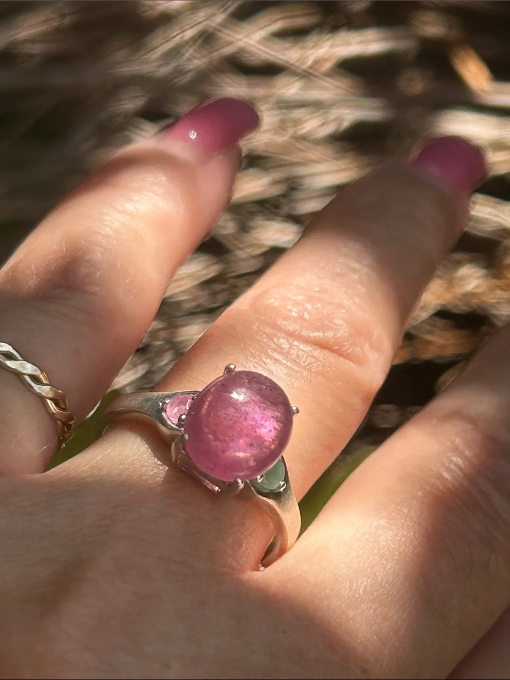 Stunning Sterling Silver Cabochon Ruby Emerald Ring Size 10